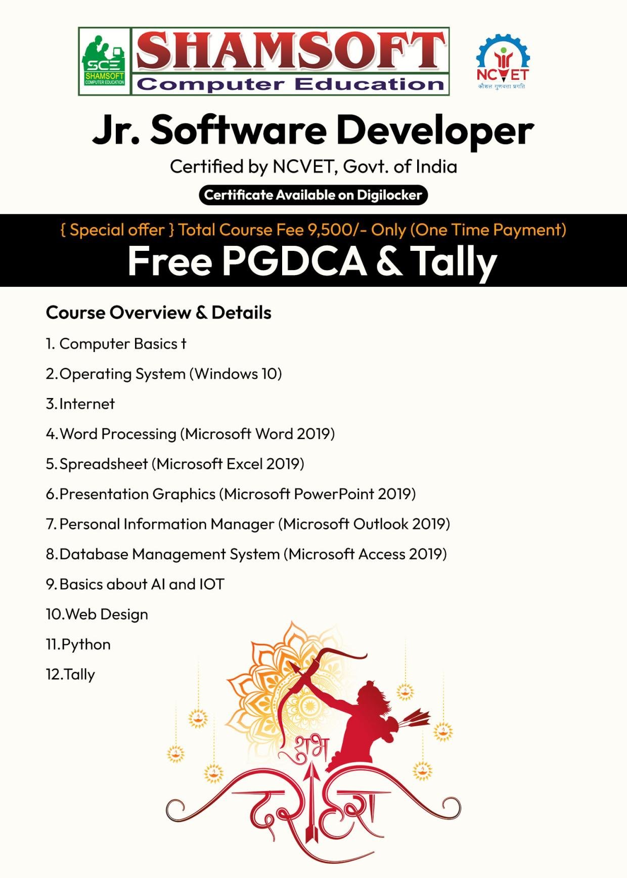Shamsoft Computer Education | Jr Software Developer | Free PGDCA & Tally | Only 9,500/- (One time payment)
